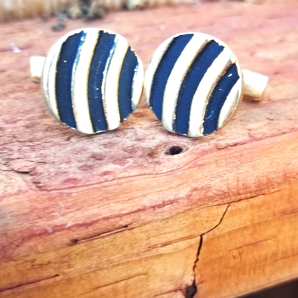 Vintage Gold & Matte Black Striped Metal Cufflinks